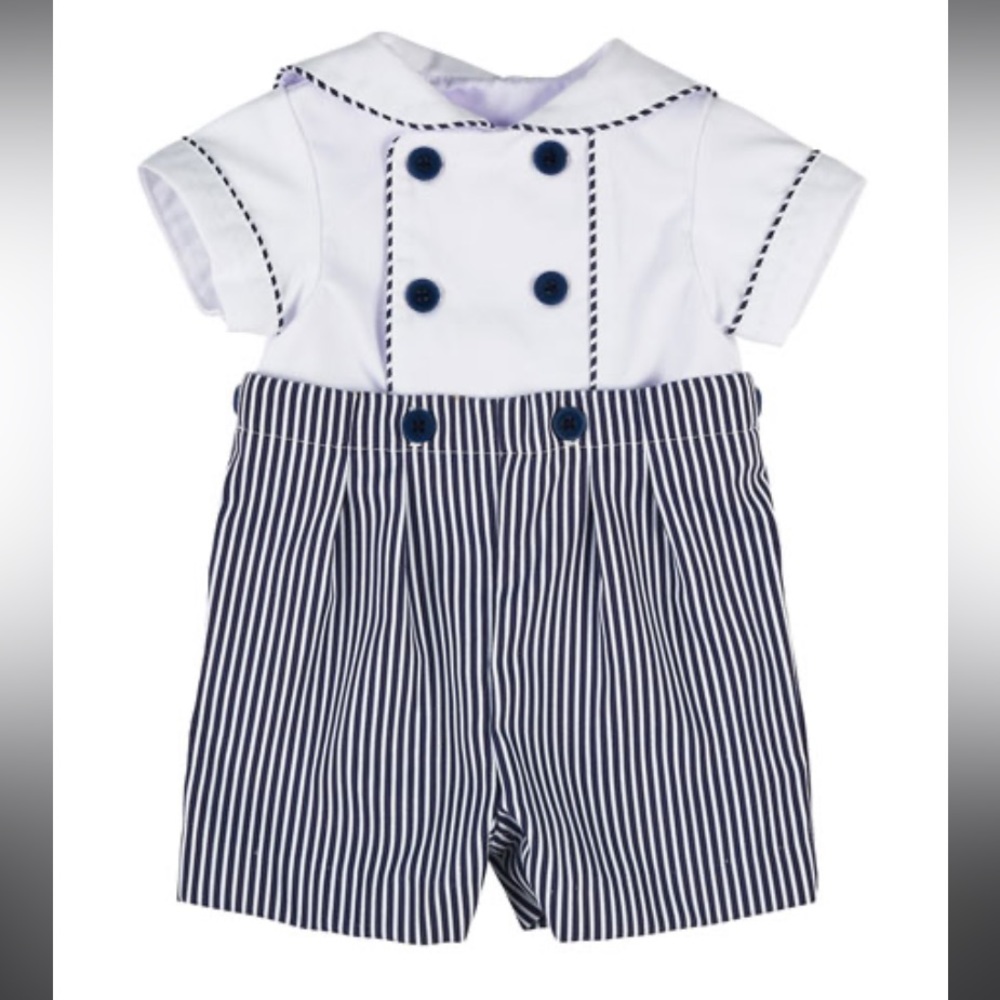 Florence Eiseman
Fine-Wale Double-Breasted Sailor Shortall Set, size 3mo